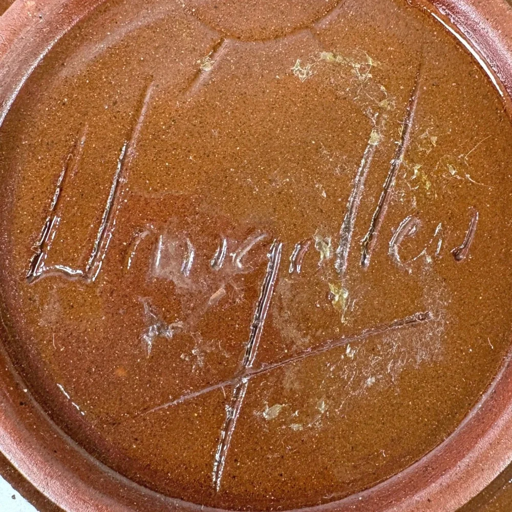 Llangollen Pottery Signed Green Spiderweb Slip Trailed Ceramic Plate 7.5 inch